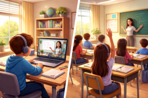 Illustration showing virtual schooling and traditional classroom learning side by side