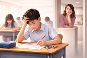 student writing exam in classroom while mother at home thinks about her child during exam season