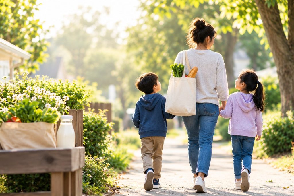 Mother walking with her two children along a leafy neighborhood path, illustrating small improvements in everyday family routines.